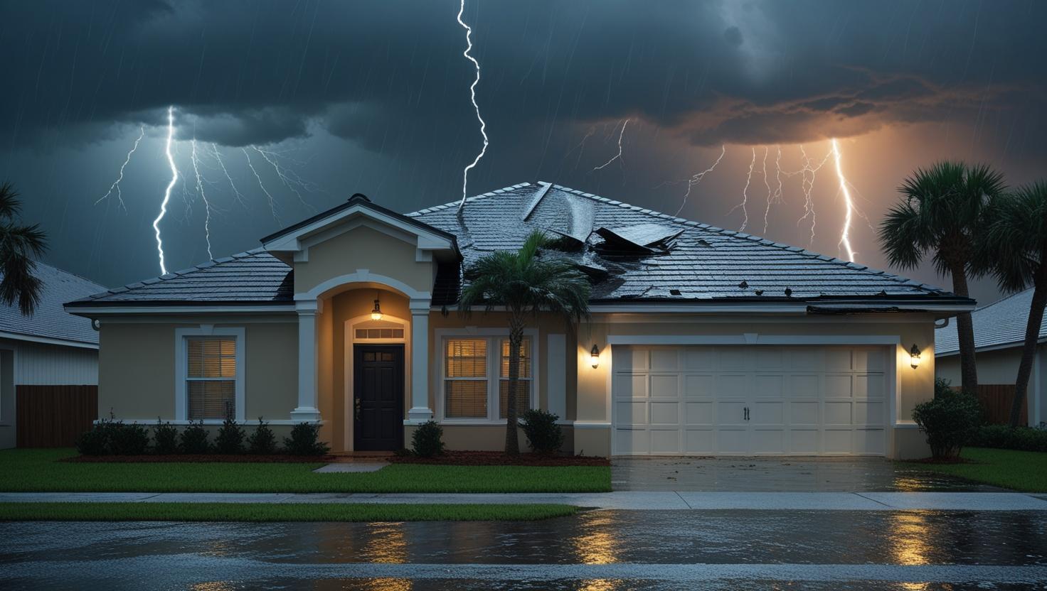 Florida home with roof damage during lightning storm