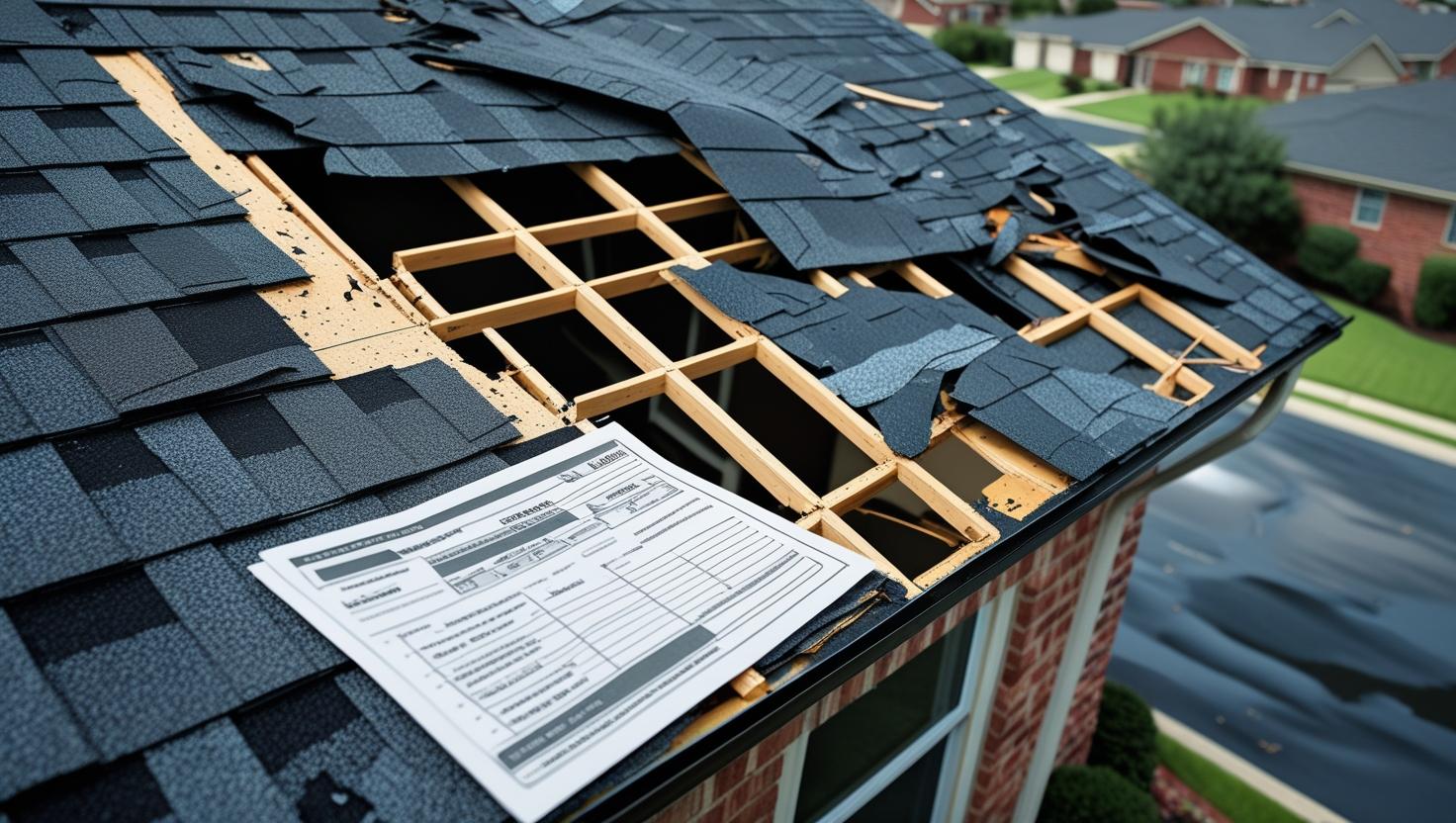 Close-up of roof damage with insurance claim form
